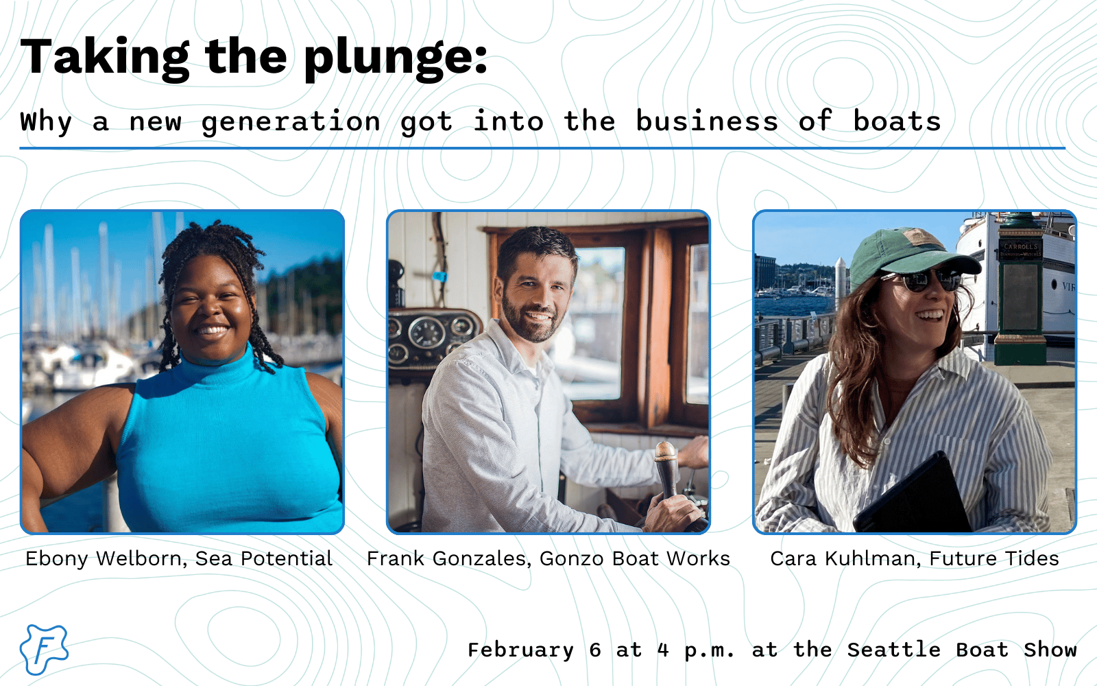 A graphic with three headshots and text about the Taking the plunge panel on Feb. 6