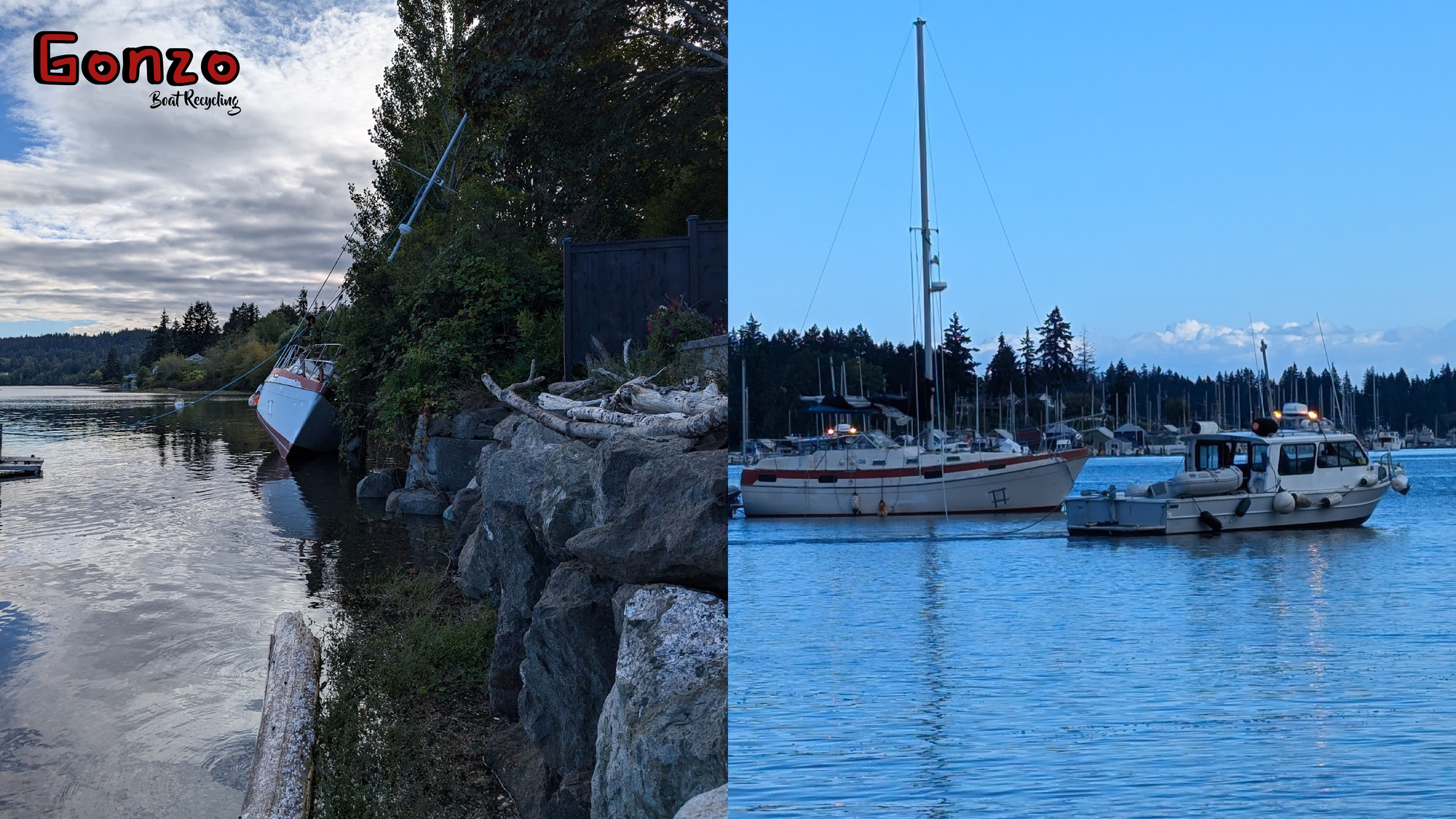 A photo of a sailboat run aground and a photo of another derelict sailboat being towed away.