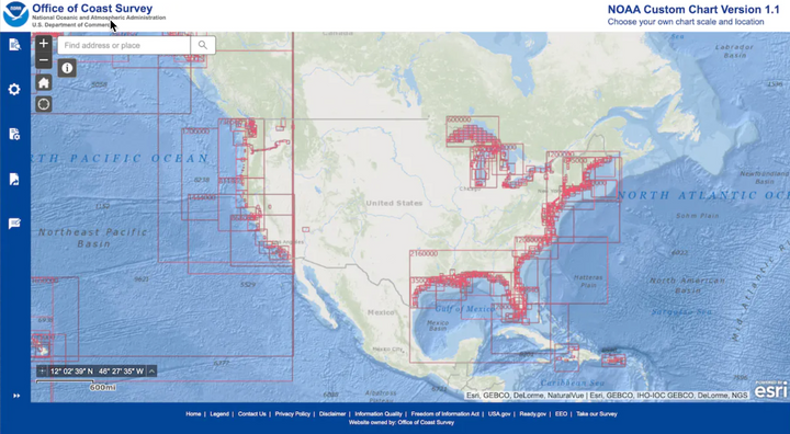 A NOAA webpage that shows a map of North America with dozens of red boxes around regions with charts available.