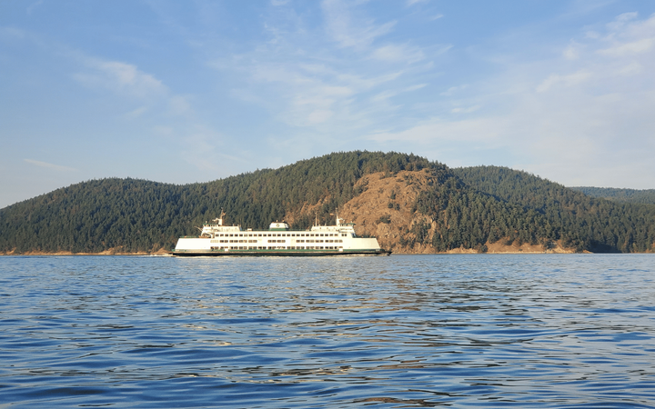 A green and white ferry on calm water with hilly land covered in evergreen trees behind it.